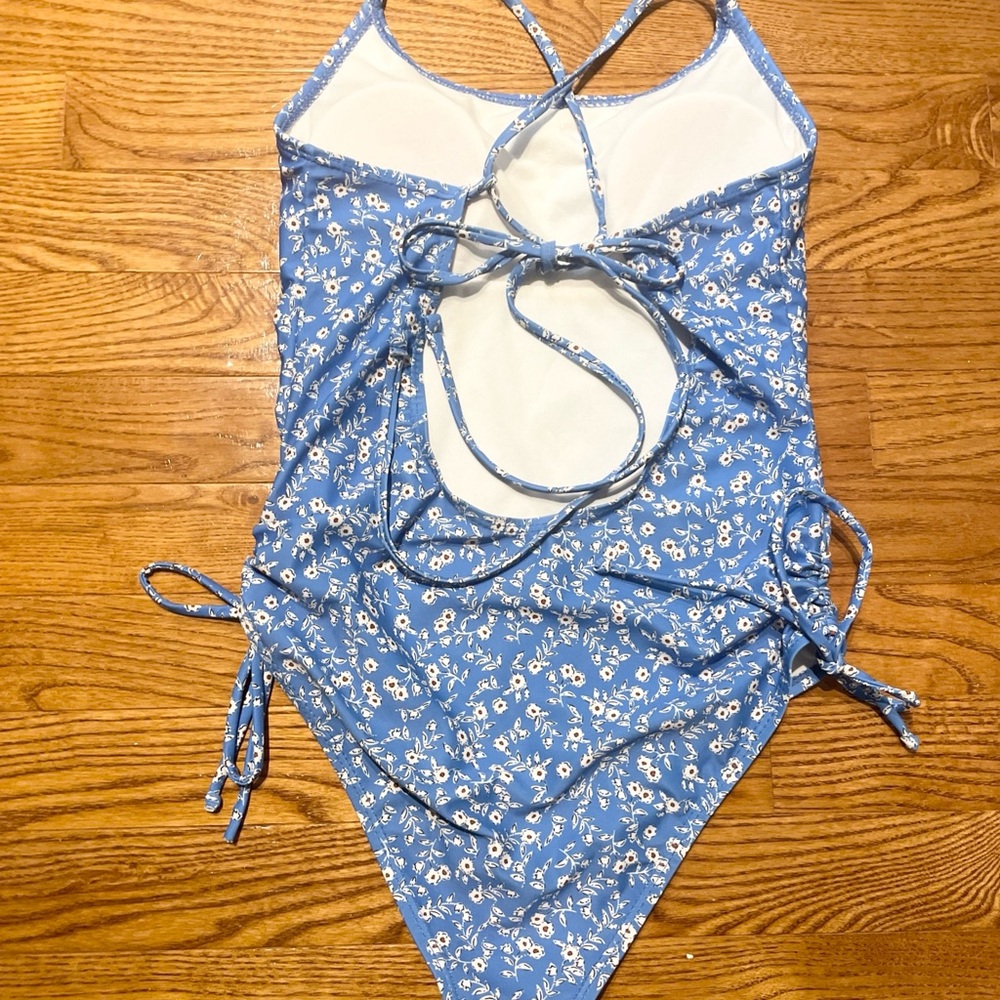 Women’s Blue and White Floral One Piece Swimsuit with Tie Back - Picture 3 of 4
